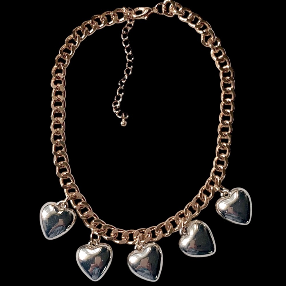 Gold Chain 4 Silver Hearts Charm Necklace Valentine - Picture 2 of 3